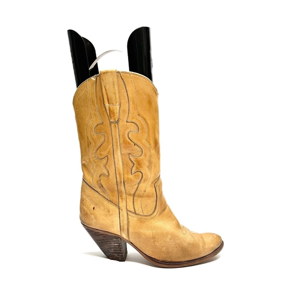 Vintage 1980s women's tan leather pull on mid calf heeled cowboy boots